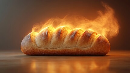 Freshly Baked Loaf with Flames on Brown Wooden Table