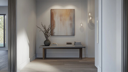 a close up of the elements on the console table like books, art, hanging plants,modern entryway with a close up of minimalist console table,grey and white and purple soft natural light,layered texture