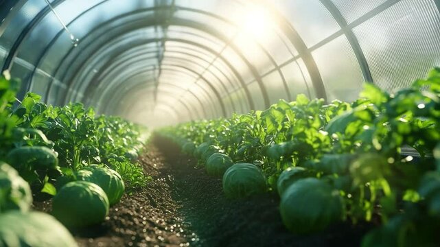 Futuristic greenhouse with semi-transparent solar canopy growing lush vegetables under natural sunlight and ray-traced light, symbolizing sustainable and innovative agriculture design.
