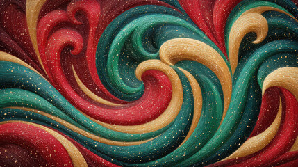 Colorful abstract swirl design with vibrant red, green, and gold tones, evoking energy