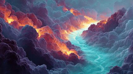 Vibrant landscape of swirling clouds and glowing rivers, evoking sense of wonder and beauty