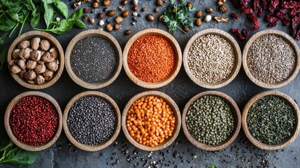 A variety of colorful grains and seeds in wooden bowls on a dark background.
