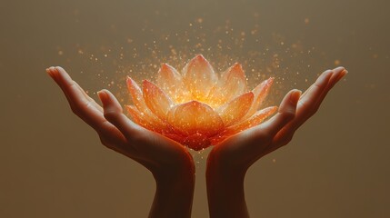 Hands Holding a Glowing Lotus Flower with Sparkles and Light