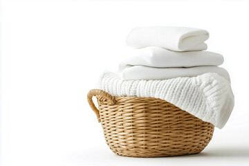 Obraz premium A cozy setup featuring neatly folded white linens in a woven basket, perfect for an inviting home atmosphere.