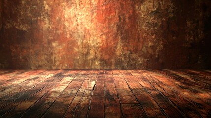 A wooden floor with a textured wall in the background. The floor has a warm, rustic feel with visible wood grain and knots.