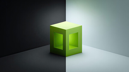 Vibrant green cube stands out against contrasting black and light gray background, creating