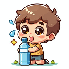 Cute thirsty boy cartoon vector drinking water from bottle