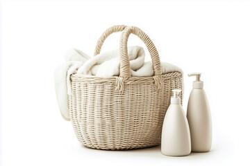A cozy wicker basket filled with soft towels and elegant bottles of spa products for a relaxing home experience.