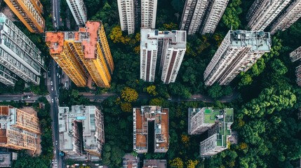 A dense urban jungle with tall buildings and green trees, showcasing the contrast between nature and urbanization.