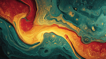 Colorful abstract art with swirling patterns and vibrant hues of red, orange, and teal