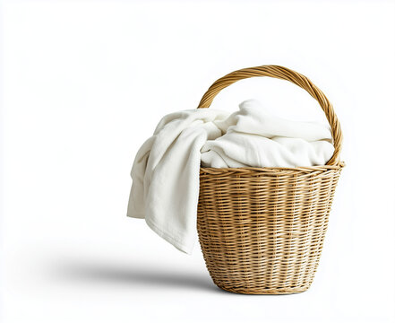 A cozy wicker basket filled with soft white blankets, perfect for creating a warm and inviting atmosphere at home.