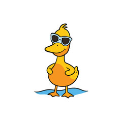 A duck wearing sunglasses at a summer beach