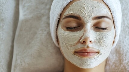 A woman with a towel on her head receiving a facial treatment. The treatment includes a white clay mask on her face.