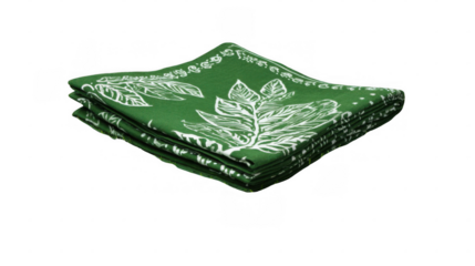 Green bandana with white leaf pattern, folded neatly and isolated on transparent background, perfect for showcasing designs or adding a touch of nature to projects