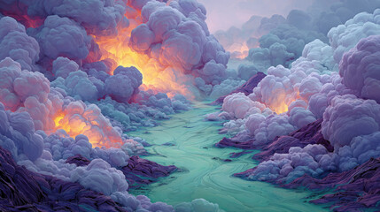 Vibrant landscape featuring colorful clouds and flowing river, evoking sense of wonder