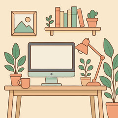 Fototapeta premium Illustrated workspace featuring a desktop computer, desk, bookshelves, and a variety of potted plants. A warm and cozy environment designed for productivity and comfort.