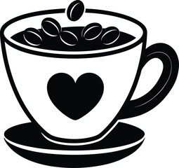 Coffee Cup with Heart Shaped Beans on Top vector silhouette illustration