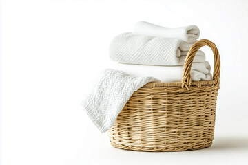 A stylish wicker basket filled with soft, clean white towels, ideal for home decor and laundry organization.
