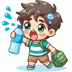 Cute thirsty boy cartoon vector drinking water from bottle
