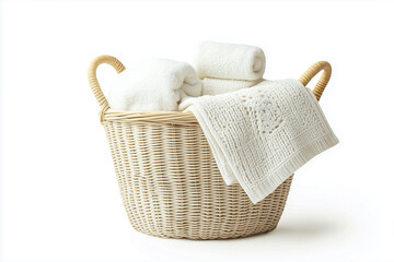 Obraz premium A stylish wicker basket filled with soft white towels, perfect for spa or home decor.