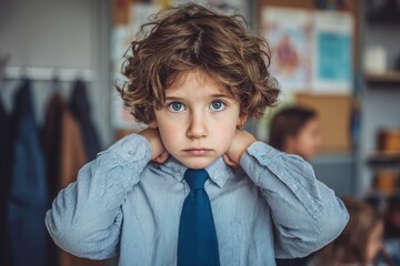 Portrait of a thoughtful young boy in a striped shirt and tie, looking directly at the camera with his hands gently placed on his collar, exuding innocence