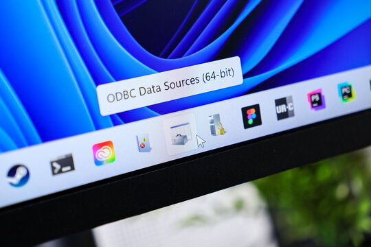 Poznan, Poland - June 6, 2025: ODBC Data Sources 64-bit application text displayed on a computer screen, highlighting operating system interface and advanced software solutions