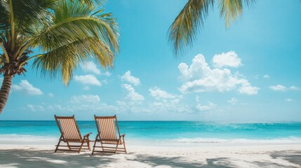 Two deck chairs on a sandy beach with palm trees and a clear blue sky.