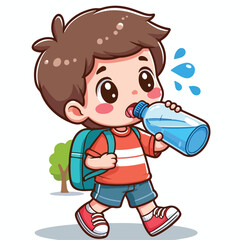 Cute thirsty boy cartoon vector drinking water from bottle