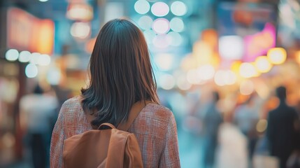 A young woman with long hair walking through a bustling city street at night, surrounded by colorful lights and people.