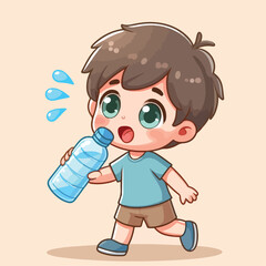 Cute thirsty boy cartoon vector drinking water from bottle