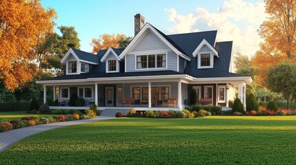A picturesque, two-story house with a wrap-around porch, surrounded by a lush, green lawn and a variety of trees in autumn colors.