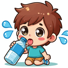 Cute thirsty boy cartoon vector drinking water from bottle