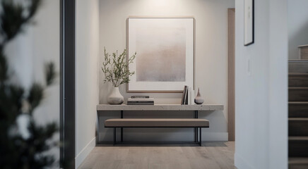 a close up of the elements on the console table like books, art, hanging plants,modern entryway with a close up of minimalist console table,grey and white and purple soft natural light,layered texture