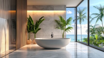 A modern, minimalist bathroom with a large, white bathtub and a view of the ocean through large windows.