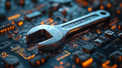 Metallic Wrench on Circuit Board with Glowing Elements and Lights