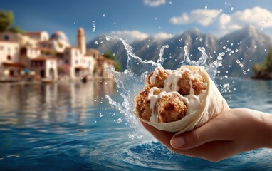 Weightless falafel wrap with tahini sauce splashes over a softly blurred Mediterranean cafÃ© backdrop