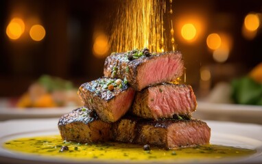 Weightless grilled steak slice surrounded by peppercorn sauce jets against a softly blurred upscale steakhouse background