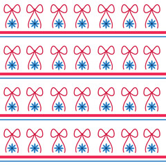 Preppy patriotic red bows with blue flowers with stripes seamless pattern in American flag colors. For independence day print, fabric and textile