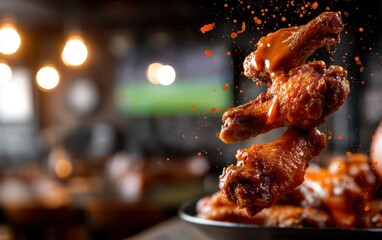 Floating chicken wings with spicy buffalo sauce splashes over a softly blurred sports bar backdrop