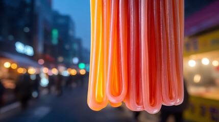 Weightless pad thai noodles with peanut sauce arcs against a softly blurred street food stall background