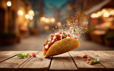 Mid-air taco shell bursting with fresh salsa and crema splashes over a softly blurred street food stall background