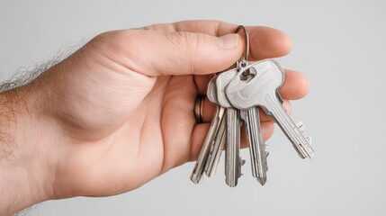 Editorial style image of a human hand on a white background holding a set of silver keys