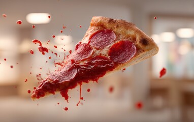 Levitating slice of pepperoni pizza with marinara sauce splatters on a softly blurred pizzeria background
