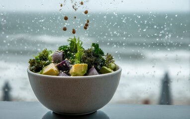 Levitating poke bowl ingredients tossing with soy ginger dressing droplets against a softly blurred seaside cafÃ© background