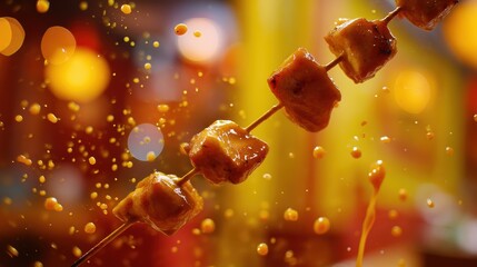 Floating chicken tikka skewers with curry sauce splatters against a softly blurred Indian restaurant background
