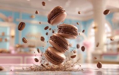 Mid-air macaron tower with ganache filling bursts against a softly blurred pastry shop scene background