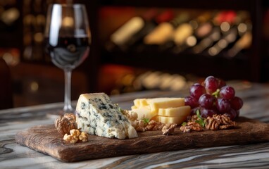 Gourmet cheese board with brie, blue cheddar, grapes and walnuts on a marble surface with softly blurred wine cellar background