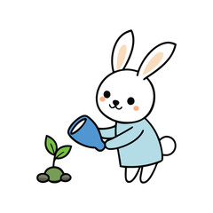 A bunny watering tiny plants