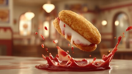 Suspended chicken parmesan cutlet with marinara sauce eruptions over a softly blurred Italian trattoria background