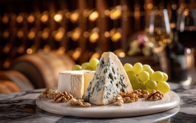 Gourmet cheese board with brie, blue cheddar, grapes and walnuts on a marble surface with softly blurred wine cellar background